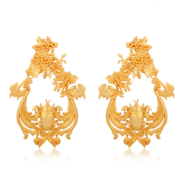 Brincos Uriel com escaravelho e flores banhados a ouro