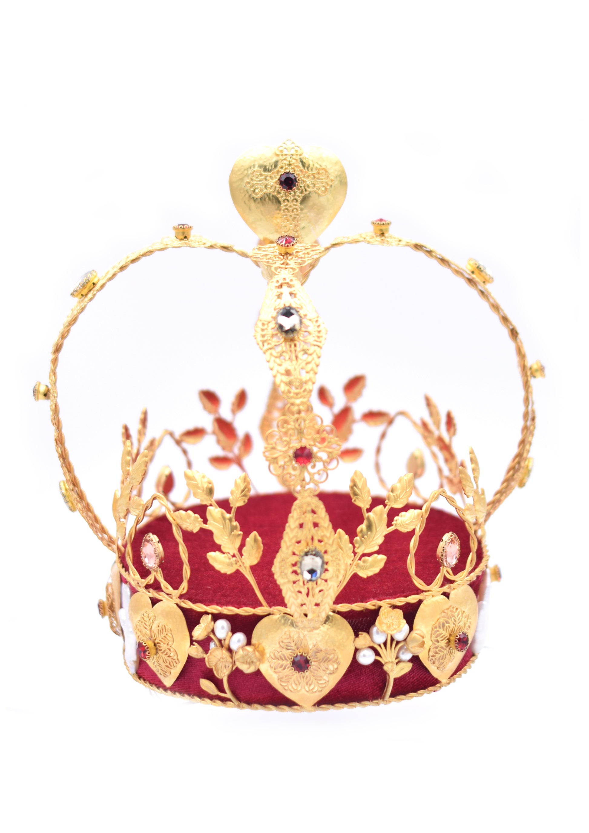 Coroa Queen Protea coroa alta estilo clássico com interior em veludo encarnado e banhada a ouro